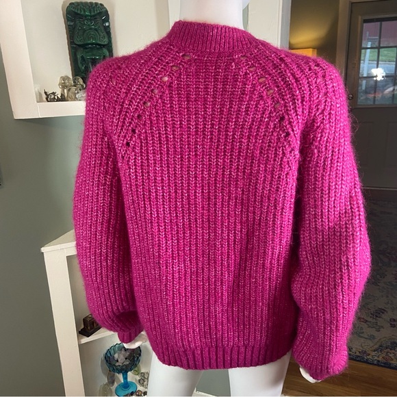 LOFT Fuchsia Pointelle Button-Up Sweater Cardigan Large Fuzzy - Picture 7 of 12